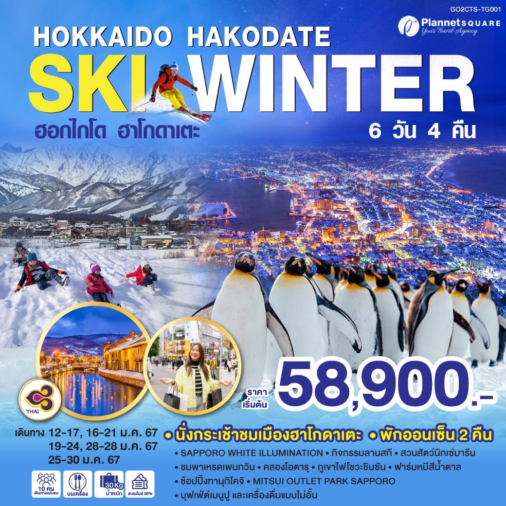 PS-GT6388: HOKKAIDO HAKODATE SKI WINTER 6D 4N โดยสายการบินไทย [TG]